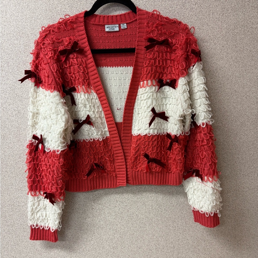 Mighty Fine Womens Medium Lumpy Orange Knit Short Open Front Cardigan‎ coquette